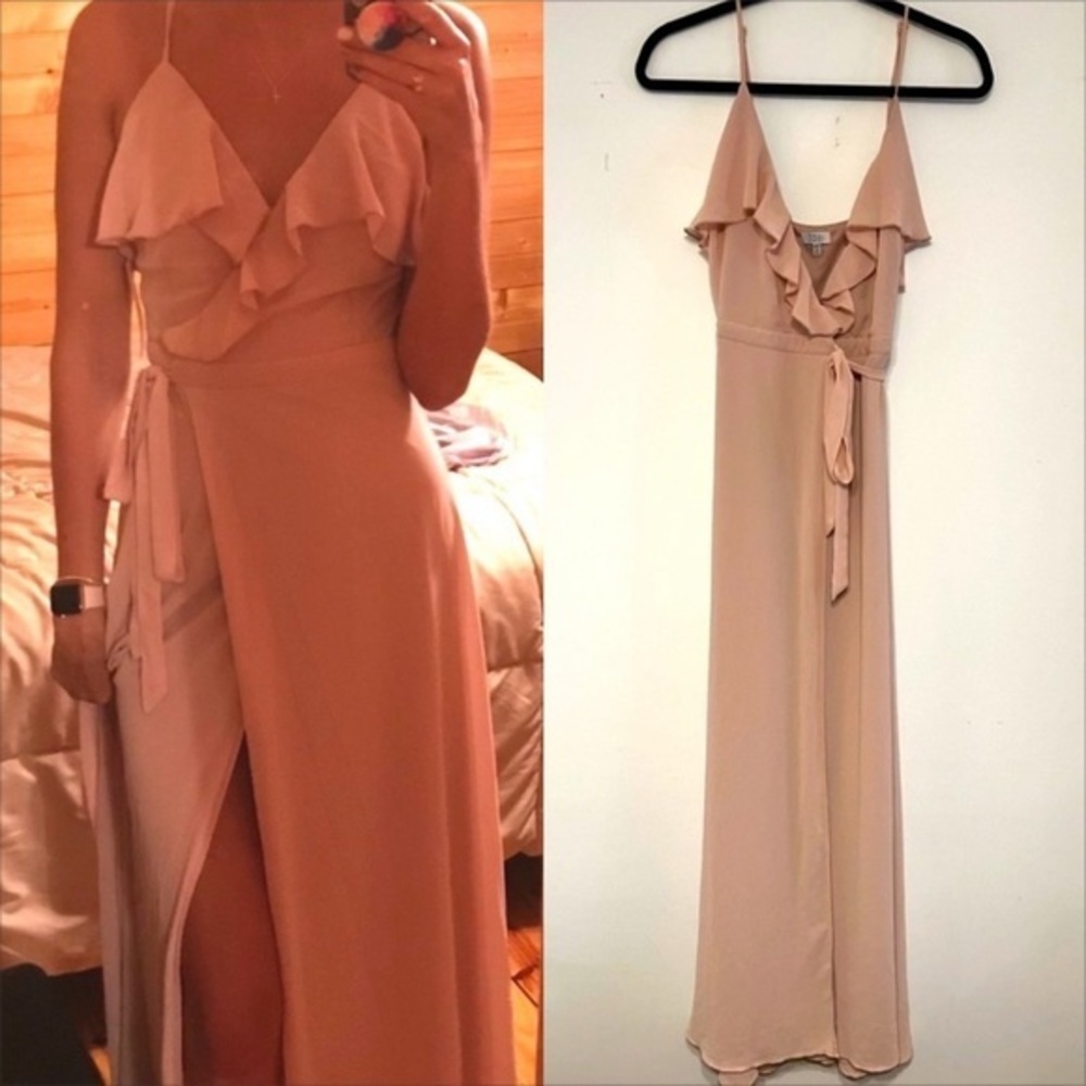 Tobi pink wrap maxi v neck ruffle dress